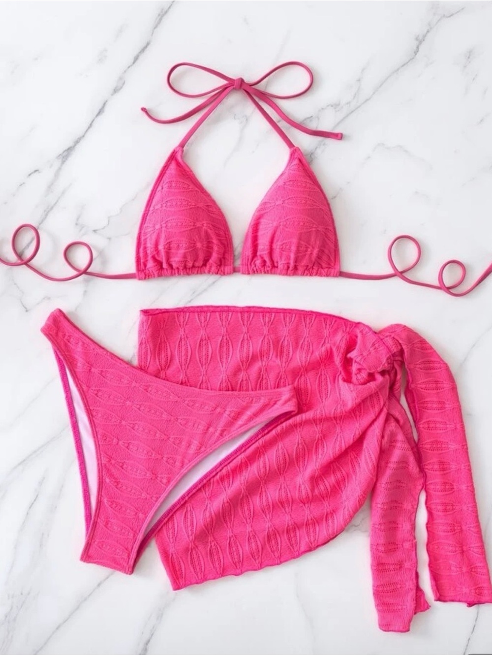 SHEIN Hot Pink Knit Triangle Bikini Set with Sarong